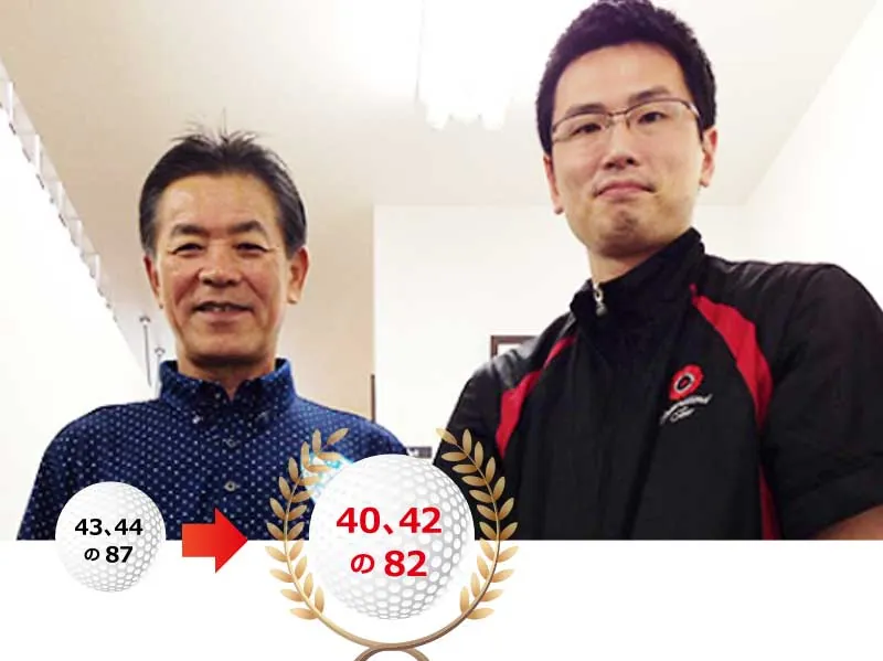 60歳男性の体験者とトレーナーの写真。スコアが「43、44の87」から「40、42の82」に