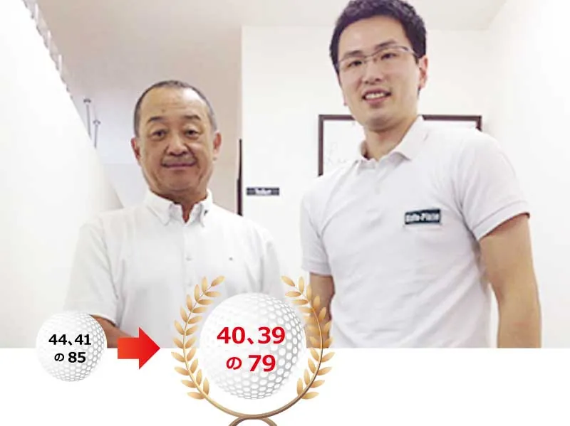 63歳男性の体験者とトレーナーの写真。スコアが「44、41の85」から「40、39の79」に